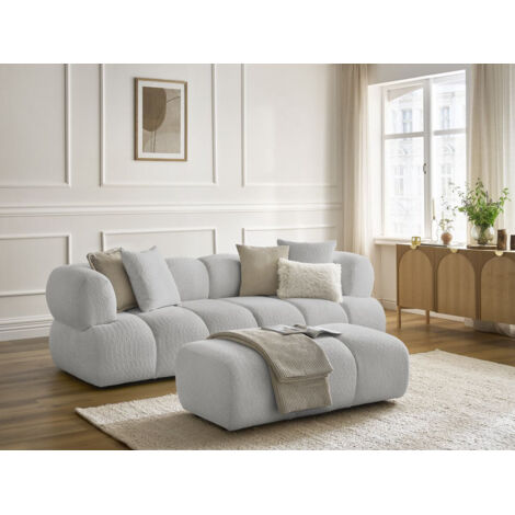 BOBOCHIC - Canapé droit fixe 3 places PAMIRA tissu bouclette avec pouf Gris clair