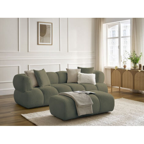 BOBOCHIC - Canapé droit fixe 3 places PAMIRA tissu bouclette avec pouf   Vert