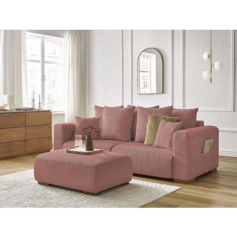 BOBOCHIC - Canapé droit fixe 3 places SIDONIE velours côtelé avec pouf   Rose