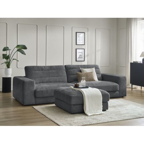 BOBOCHIC - Canapé droit fixe 3 places SIERRA tissu texturé avec pouf   Gris foncé