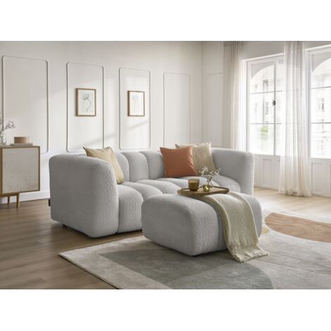 BOBOCHIC - Canapé droit fixe 3 places TALIA tissu bouclette avec pouf   Gris clair