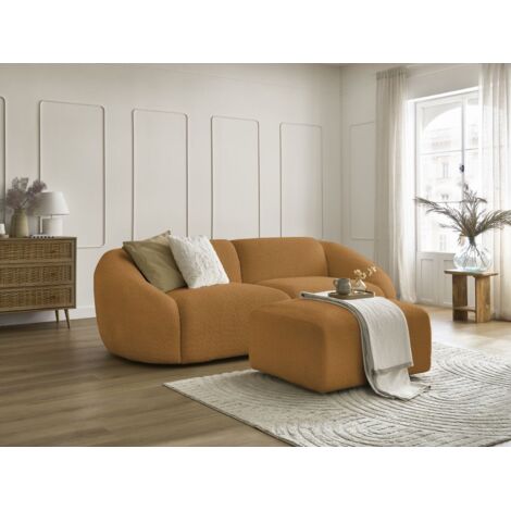 BOBOCHIC - Canapé droit fixe 3 places TINA tissu bouclette avec pouf   Jaune