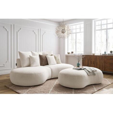 Bobochic – Canapé droit fixe 3 places – Tissu bouclette blanc – Longueur 260 cm – Largeur 145 cm – Style moderne avec pouf inclus
