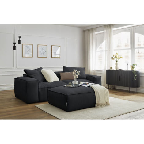 BOBOCHIC - Canapé droit fixe 3 places ultra moelleux BOHEME velours côtelé avec pouf   Noir
