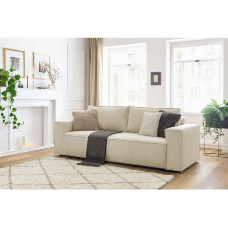 Bobochic – Canapé droit fixe 3 places – Velours côtelé beige – Assise ferme – Longueur 242 cm – Largeur 100 cm – Style vintage