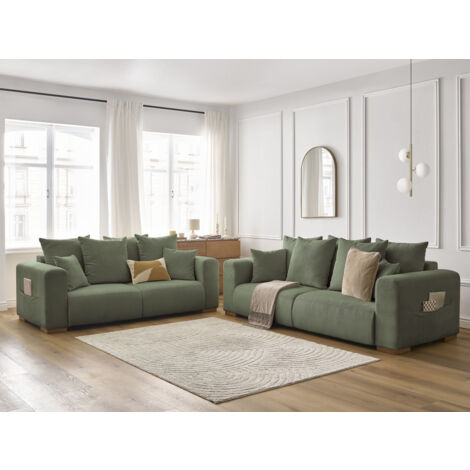 Bobochic – Canapé droit fixe 3 places velours côtelé vert – Confort équilibré – Dimensions 208x100x84cm – 6 coussins inclus – Fabrication Europe