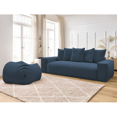 BOBOCHIC - Canapé droit fixe 3 places VOLTAIRE tissu chiné avec pouf   Bleu foncé