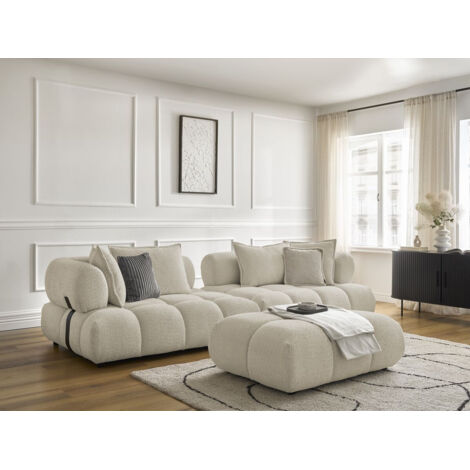BOBOCHIC - Canapé droit fixe 4 places ALYA tissu bouclette avec pouf   Beige