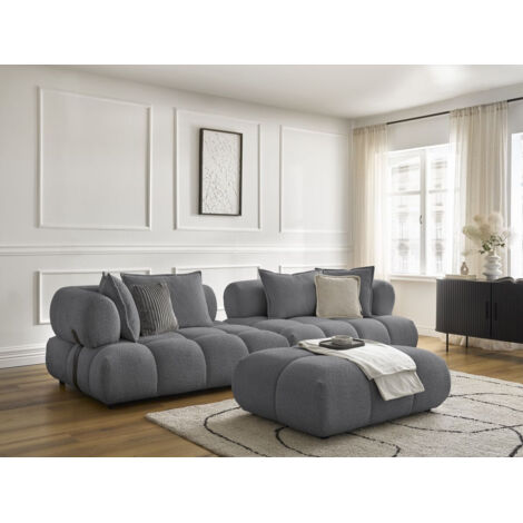 BOBOCHIC - Canapé droit fixe 4 places ALYA tissu bouclette avec pouf   Gris foncé