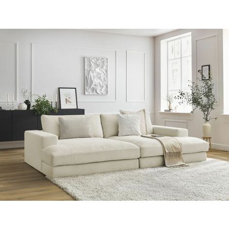 BOBOCHIC - Canapé droit fixe 4 places LEONARD assise profonde velours côtelé   Beige
