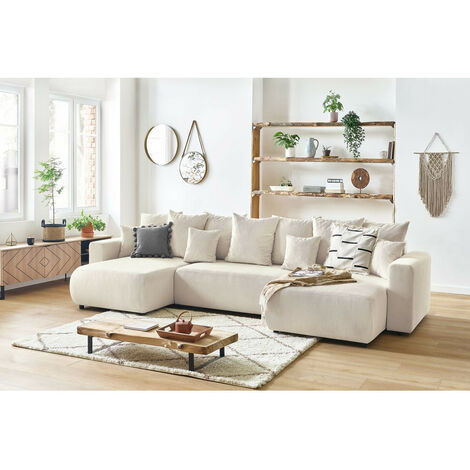 Bobochic – Canapé panoramique convertible 6 places – Coffre intégré – Velours côtelé beige – Confort ferme – Longueur 386 cm – Style vintage