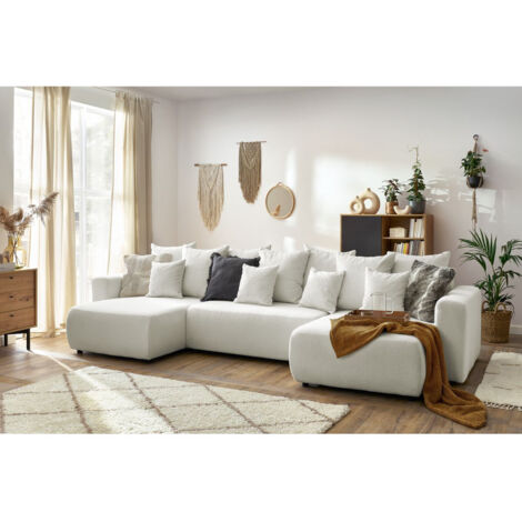 Bobochic – Canapé panoramique convertible 6 places – Tissu bouclette recyclé – Coffre de rangement – Longueur 386 cm – Style classique chic