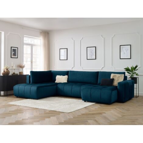 Bobochic – Canapé panoramique convertible avec coffre – 5 places – Tissu velours bleu – Design moderne – Longueur 370 cm – À monter soi-même