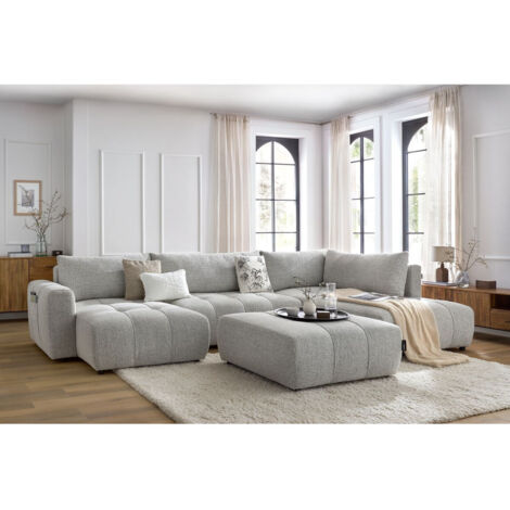 Bobochic – Canapé panoramique convertible avec coffre et pouf – 6 places – Tissu chiné – Longueur 370cm – Style moderne – Confort équilibré