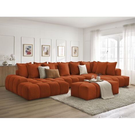 Bobochic – Canapé panoramique convertible coffre 423x212 cm – Tissu déperlant texturé – Pouf inclus – Angle gauche Orange