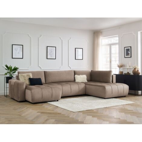 Bobochic – Canapé panoramique convertible coffre 5 places en velours taupe – Longueur 370 cm – Style moderne – Coffre de rangement intégré