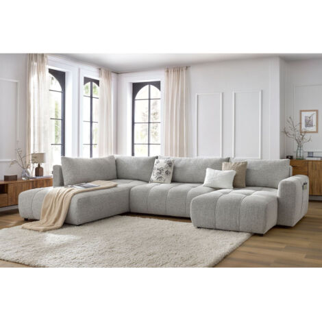 Bobochic – Canapé panoramique convertible coffre 5 places – Longueur 370 cm – Revêtement tissu chiné – Design moderne et élégant
