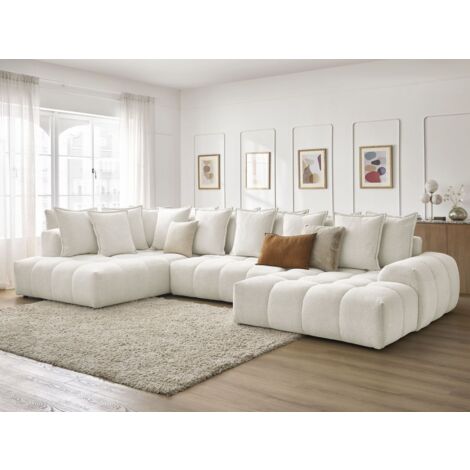 Bobochic – Canapé panoramique convertible coffre 6 places – Tissu chiné blanc – Longueur 423 cm – Couchage 345 cm – Style moderne