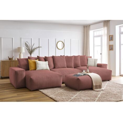 Bobochic – Canapé panoramique convertible coffre 7 places – Velours côtelé rose – Longueur 420 cm – Coffre intégré pour rangement