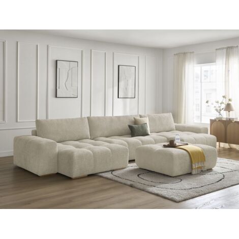 BOBOCHIC - Canapé panoramique convertible coffre ANAKIN tissu bouclette avec pouf   Beige