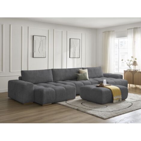 BOBOCHIC - Canapé panoramique convertible coffre ANAKIN tissu bouclette avec pouf   Gris foncé