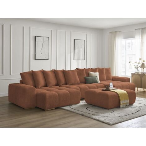 BOBOCHIC - Canapé panoramique convertible coffre ANAKIN tissu bouclette avec pouf   Orange