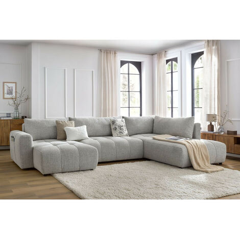 Bobochic – Canapé panoramique convertible coffre ARSENE 5 places – Tissu chiné 100% polyester – Longueur 370 cm – Style moderne – Montage facile