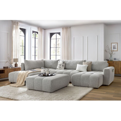 BOBOCHIC - Canapé panoramique convertible coffre ARSENE avec pouf Angle droit  Gris clair