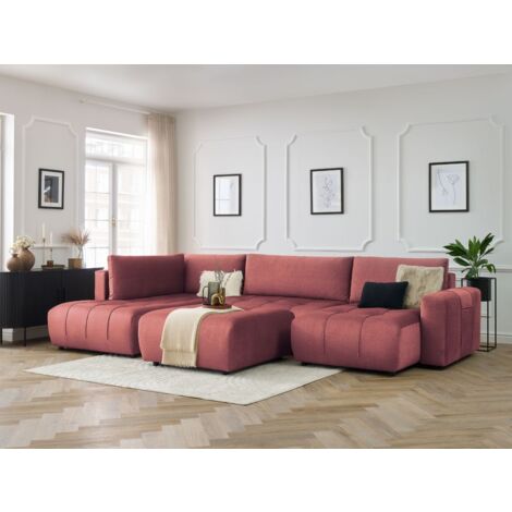 BOBOCHIC - Canapé panoramique convertible coffre ARSENE tissu velours avec pouf Angle droit  Orange