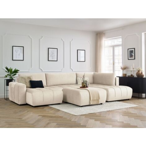 BOBOCHIC - Canapé panoramique convertible coffre ARSENE tissu velours avec pouf Angle gauche  Beige