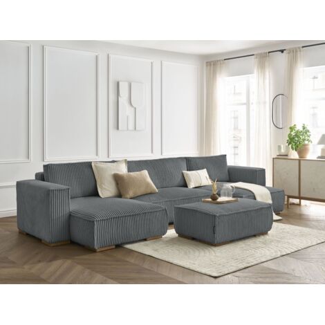 BOBOCHIC - Canapé panoramique convertible coffre CHELSEA gros côtelé doux avec pouf   Gris foncé