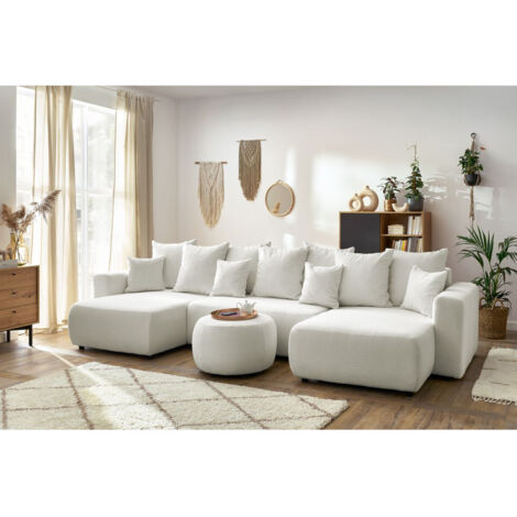 BOBOCHIC - Canapé panoramique convertible coffre ENVY tissu bouclette avec pouf rond Panoramique  Blanc