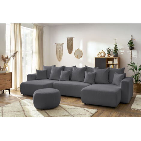 BOBOCHIC - Canapé panoramique convertible coffre ENVY tissu bouclette avec pouf rond Panoramique  Gris foncé
