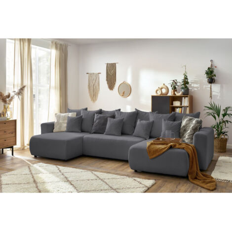 BOBOCHIC - Canapé panoramique convertible coffre ENVY tissu bouclette Panoramique  Gris foncé
