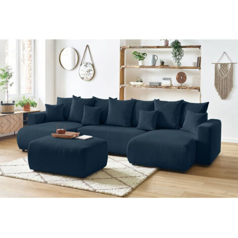 BOBOCHIC - Canapé panoramique convertible coffre ENVY Velours côtelé avec pouf   Bleu foncé