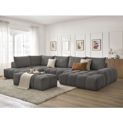 BOBOCHIC - Canapé panoramique convertible coffre EVEREST tissu texturé avec pouf Angle droit  Gris foncé