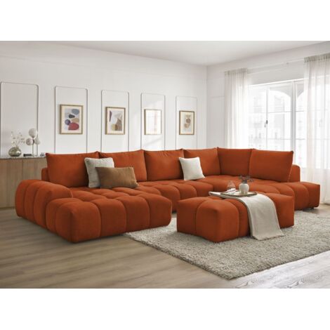 BOBOCHIC - Canapé panoramique convertible coffre EVEREST tissu texturé avec pouf Angle gauche Orange