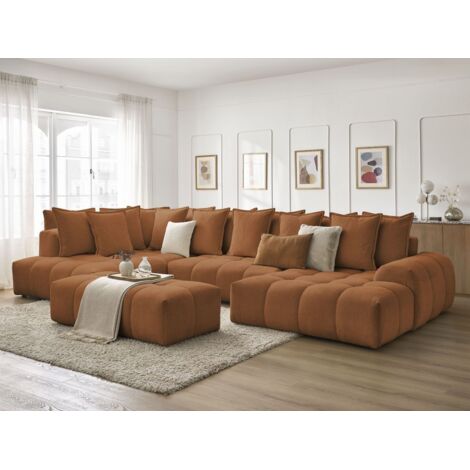Bobochic – Canapé panoramique convertible coffre – Longueur 423 cm – Tissu chiné 100% polyester – Angle droit avec pouf – Charge max 450 kg