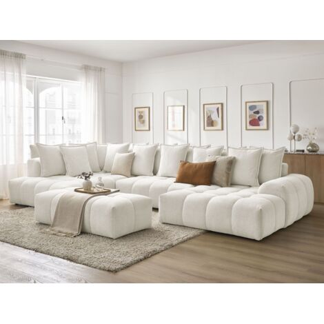 Bobochic – Canapé panoramique convertible coffre – Longueur 423 cm – Tissu chiné – Pouf inclus – Couchage 345 cm – Confort équilibré