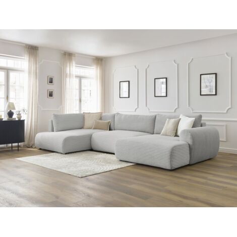 BOBOCHIC - Canapé panoramique convertible coffre LUCIEN gros côtelé doux Angle droit  Gris clair