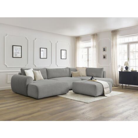 BOBOCHIC - Canapé panoramique convertible coffre LUCIEN gros côtelé doux avec pouf Angle gauche  Gris foncé