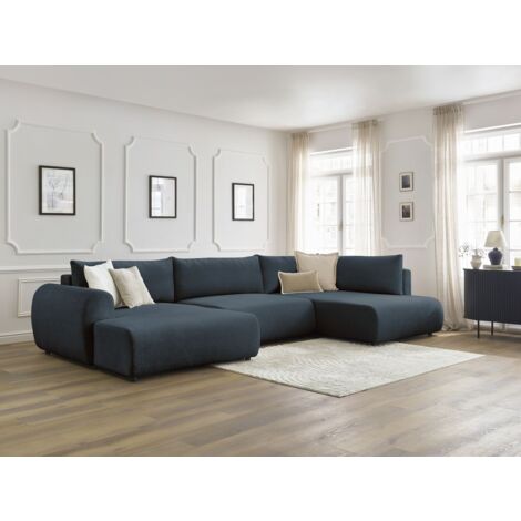BOBOCHIC - Canapé panoramique convertible coffre LUCIEN tissu lisse Angle gauche  Bleu foncé