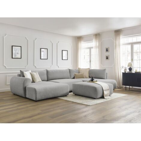 BOBOCHIC - Canapé panoramique convertible coffre LUCIEN tissu lisse avec pouf Angle gauche  Gris clair