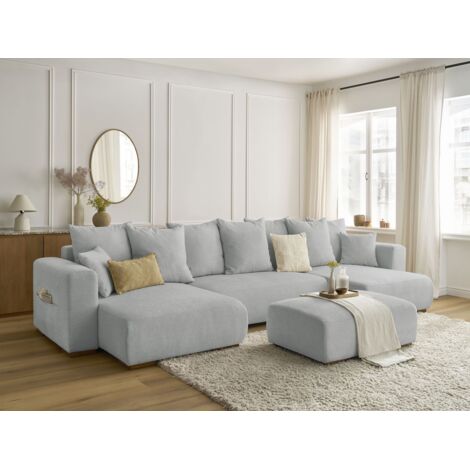 BOBOCHIC - Canapé panoramique convertible coffre SIDONIE tissu chiné avec pouf   Gris clair