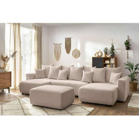 Bobochic – Canapé panoramique convertible coffre – Tissu bouclette beige – Pouf rectangulaire inclus – Design moderne pour salon