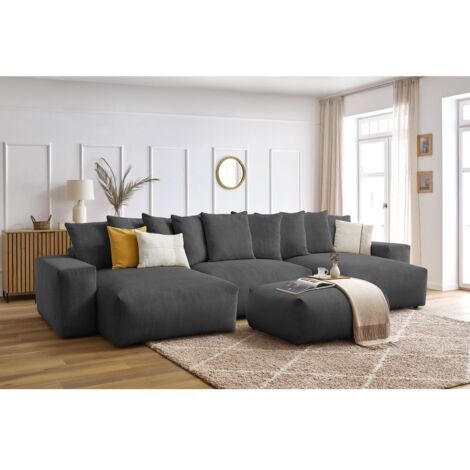 BOBOCHIC - Canapé panoramique convertible coffre VOLTAIRE avec pouf Panoramique  Gris foncé