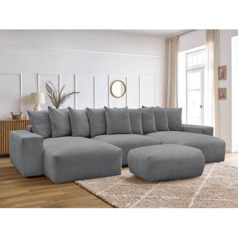 BOBOCHIC - Canapé panoramique convertible coffre VOLTAIRE tissu chiné avec pouf   Gris foncé