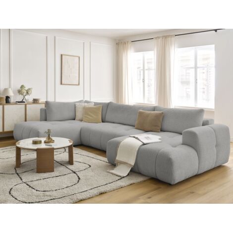 BOBOCHIC - Canapé panoramique convertible FUJI tissu bouclette Angle droit  Gris clair
