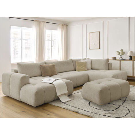 BOBOCHIC - Canapé panoramique convertible FUJI tissu bouclette avec pouf Angle gauche  Beige