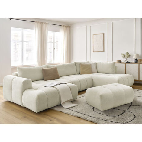 BOBOCHIC - Canapé panoramique convertible FUJI tissu lisse avec pouf Angle gauche  Beige